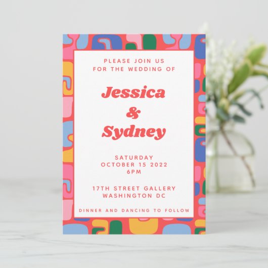 Colorful Artsy Modern Abstract Red Shapes Wedding Kaart (Staand voorkant)