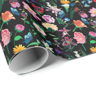 Colorful Assorted Flowers Custom Black Background Cadeaupapier