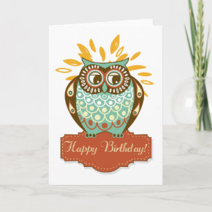 Colorful Autumn Owl Floral Happy Birthday Kaart