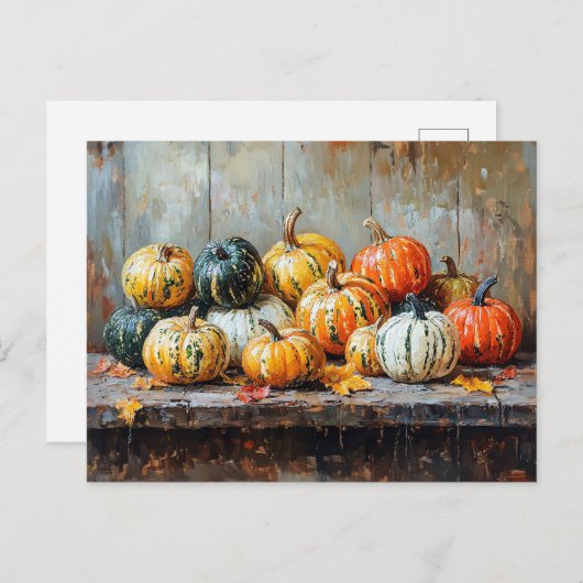 Colorful Autumn Pumpkins on Rustic Table Briefkaart (Voorkant / Achterkant)