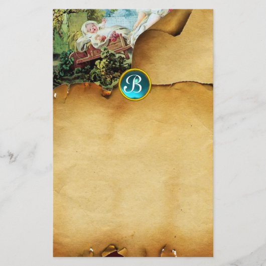 COLORFUL BABY SHOWER Parchment Blue Gem Monogram Briefpapier (Voorkant)