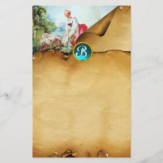 COLORFUL BABY SHOWER Parchment Blue Gem Monogram Briefpapier (Voorkant)