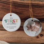 Colorful Baby's First Kerstman Newborn Foto Keramisch Ornament<br><div class="desc">Het eerste kerstpasgeboren ornament van deze kleurrijke baby is het perfecte moderne kerstboomdecoratie. Het eenvoudige ontwerp biedt een leuke en leuke typografie met afwisselende gekleurde letters in rood, wazig roze, smaragdgroen, pastelgroen en geel goud. In dit keepaardse ornament staat "mijn eerste Kerstmis". Pas de voorkant aan met de naam van...</div>