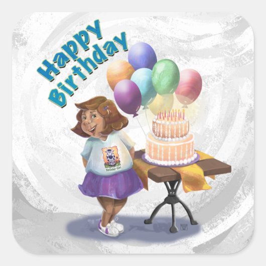 Colorful Balloon Birthday Girl Vierkante Sticker (Voorkant)