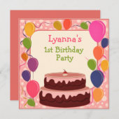 Colorful Balloons Cake Birthday Invitation Kaart (Voorkant / Achterkant)