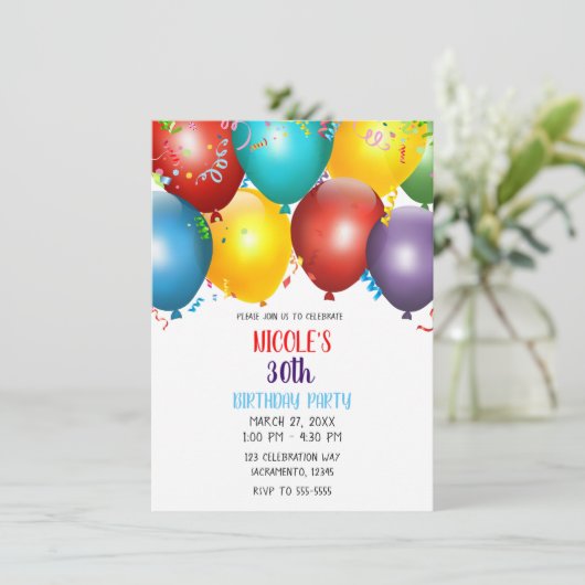 Colorful Balloons & Confetti Birthday Party Kaart (Staand voorkant)