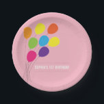 Colorful Balloons Girls 1e verjaardag Papieren Bordje<br><div class="desc">Dit schattige bord van verjaardagsfeestartikelen voor meisjes bevat een afbeelding van een veelkleurige ballon die in de wind zwaait. De achtergrond is een zacht roze die het perfect maakt voor de verjaardag van een klein meisje.</div>