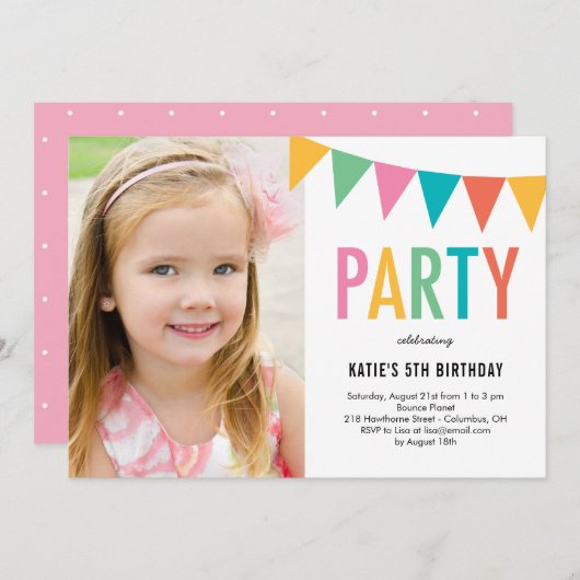 Colorful Banner Photo Birthday Invitation Kaart (Voorkant / Achterkant)