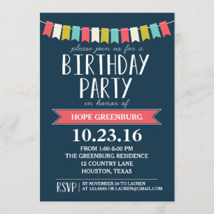 Colorful Banners Dark Navy Blue Birthday Party Kaart