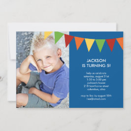 Colorful Banners Photo Birthday Invitation - Blue Kaart