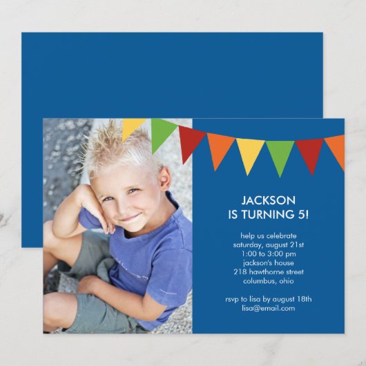 Colorful Banners Photo Birthday Invitation - Blue Kaart (Voorkant / Achterkant)
