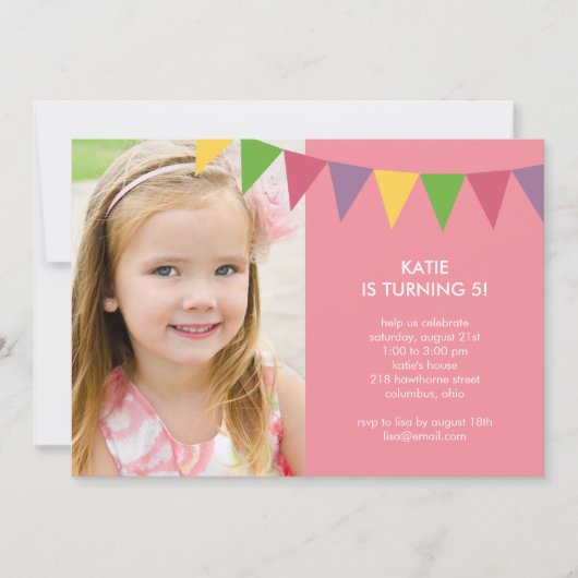 Colorful Banners Photo Birthday Invitation - Roze Kaart (Voorkant)