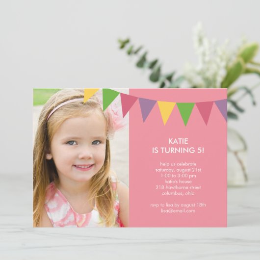 Colorful Banners Photo Birthday Invitation - Roze Kaart (Staand voorkant)