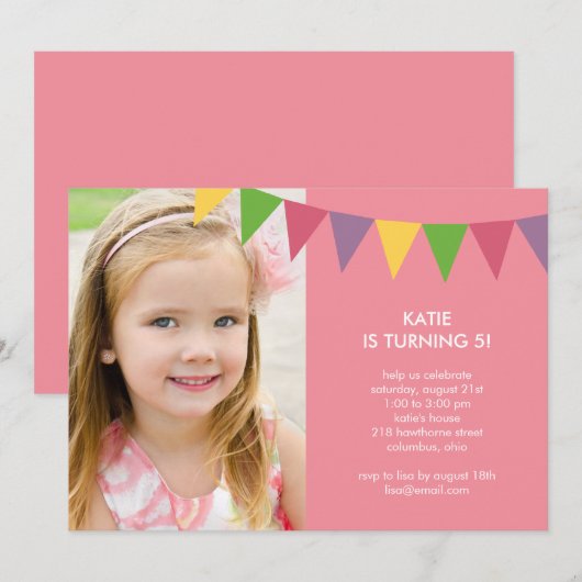 Colorful Banners Photo Birthday Invitation - Roze Kaart (Voorkant / Achterkant)