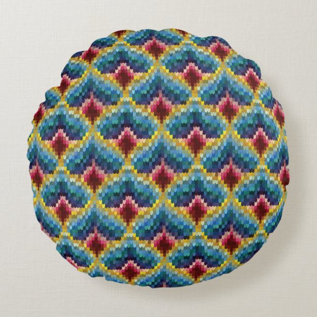 Colorful Bargello Embroidery Boho Chic Pattern Rond Kussen (Voorkant)