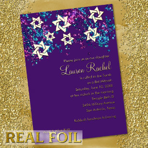 Colorful Bat Mitzvah Gold Star Confetti Folie Uitnodiging