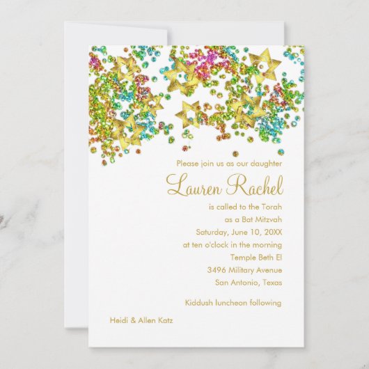 Colorful Bat Mitzvah Gold Star Confetti Kaart (Voorkant)