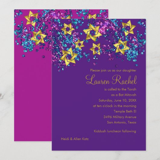 Colorful Bat Mitzvah Gold Star Confetti Kaart (Voorkant / Achterkant)