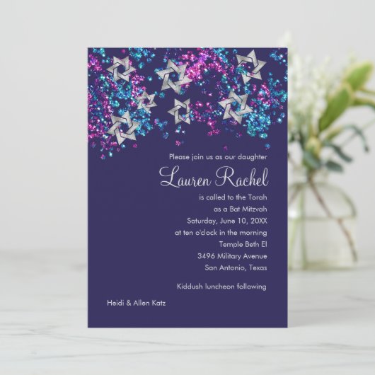 Colorful Bat Mitzvah Silver Star Confetti Kaart (Staand voorkant)
