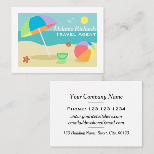 Colorful Beach Holiday Scene Travel Agent Visitekaartje (Voorkant / Achterkant)