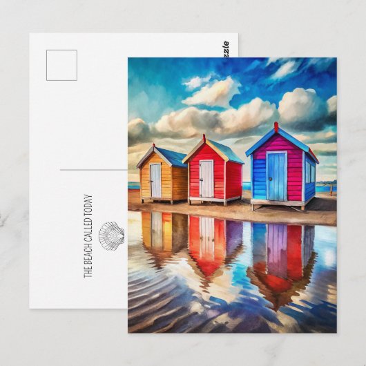 Colorful Beach Huts Ocean Reflection Coastal  Briefkaart (Voorkant / Achterkant)