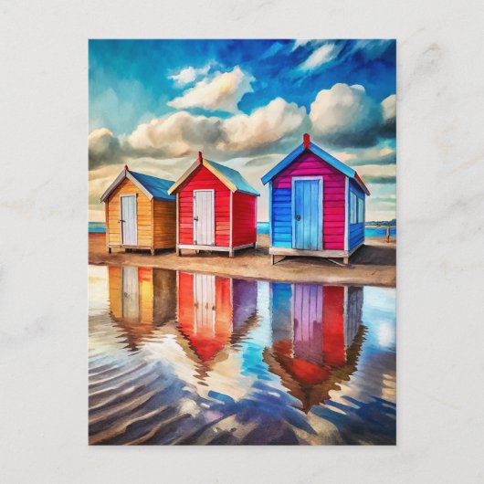 Colorful Beach Huts Ocean Reflection Coastal  Briefkaart (Voorkant)