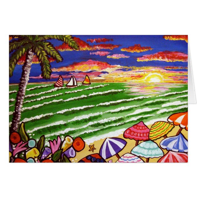 Colorful Beach Sunset Folk Art (Voorkant Horizontaal)