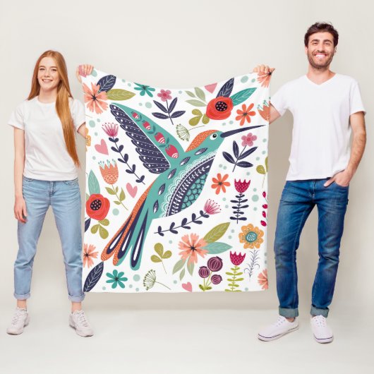 Colorful Bird and Scandinavian Folk Art Flowers Fleece Deken (In situ)