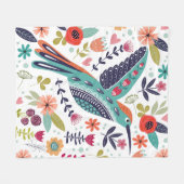 Colorful Bird and Scandinavian Folk Art Flowers Fleece Deken (Voorkant (Horizontaal))