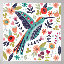 Colorful Bird and Scandinavian Folk Art Flowers