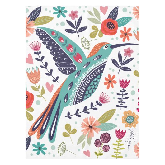 Colorful Bird and Scandinavian Folk Art Flowers Tafelkleed (Voorkant)
