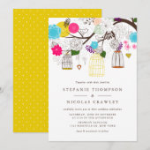Colorful Birdcages and Flowers Wedding Invitations Kaart (Voorkant / Achterkant)