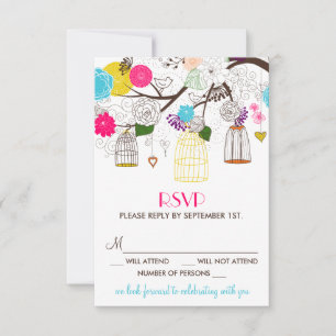 Colorful Birdcages and Flowers Wedding RSVP Kaart
