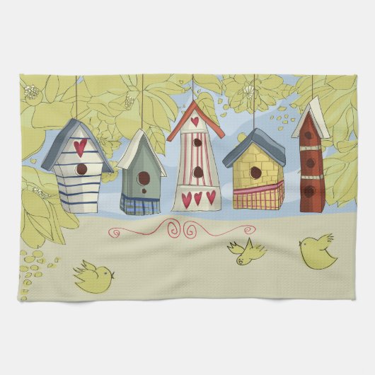 Colorful Birdhouses Kitchen Towel, Horizontal Theedoek (Horizontaal)
