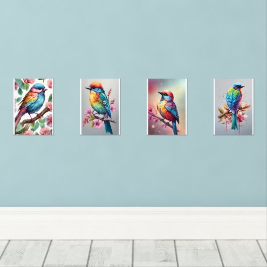 Colorful birds muurkunst sets (Houten vloer)