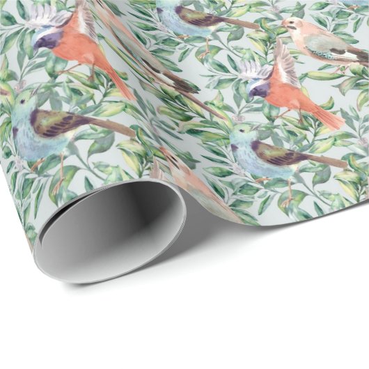 Colorful Birds & Snowberries with Blue Background Cadeaupapier (Rol Hoek)