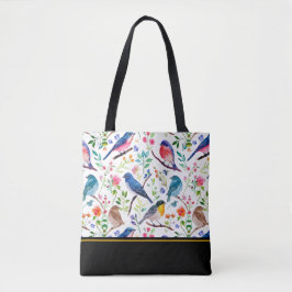 Colorful Birds & Whimsical Flowers Pattern Tote Bag