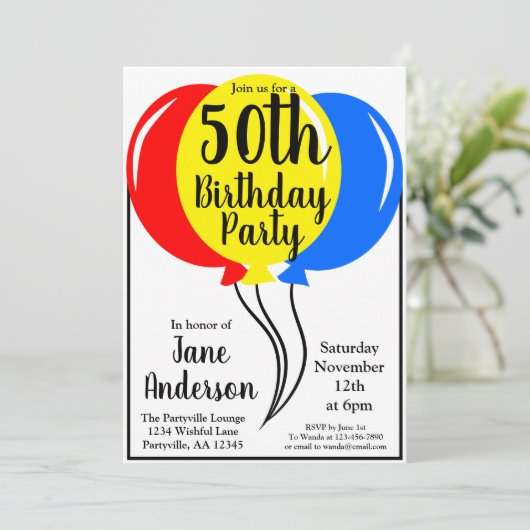 Colorful Birthday Balloons 50th Party Kaart (Staand voorkant)