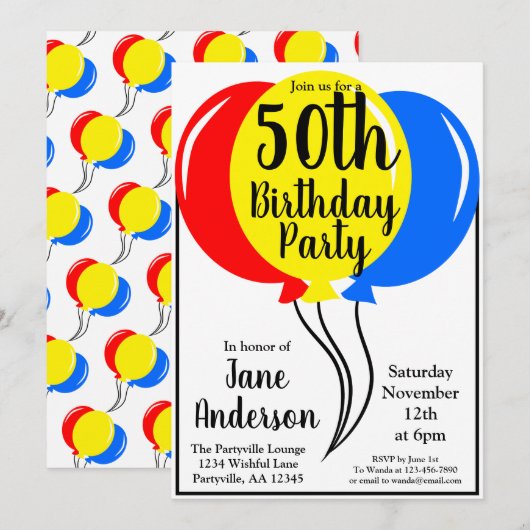 Colorful Birthday Balloons 50th Party Kaart (Voorkant / Achterkant)