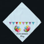 Colorful Birthday Balloons - Het is mijn verjaarda Bandana<br><div class="desc">Destei's originele cartoon-illustratie van kleurrijke verjaardagsballonnen in het kleurenpalet van rood,  groen,  roze,  geel,  blauw en paarse. Er is ook een kleurrijke bunting banner boven de ballonnen. De achtergrondkleur is lichtblauw. Een gepersonaliseerd tekstgebied leest: "Het is mijn verjaardag!" terwijl op een ander er ruimte is voor een naam.</div>