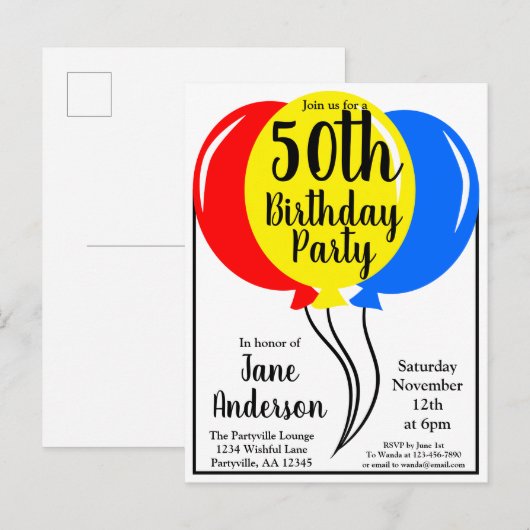 Colorful Birthday Balloons vijfde Uitnodiging Briefkaart (Voorkant / Achterkant)