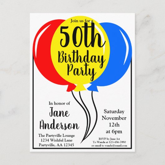 Colorful Birthday Balloons vijfde Uitnodiging Briefkaart (Voorkant)