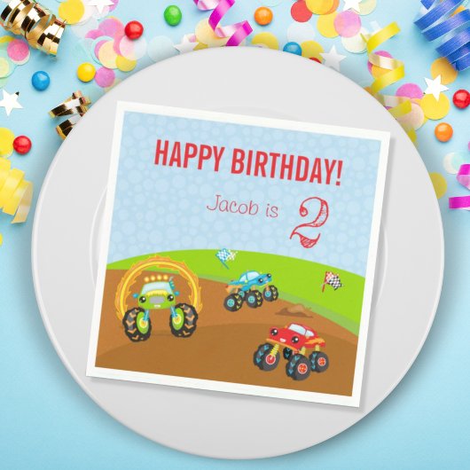 Colorful Birthday Boy Monster Trucks met naam Age Servet