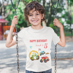 Colorful Birthday Boy Monster Trucks met naam Age T-shirt