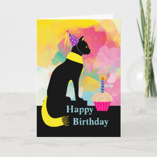 Colorful Birthday Cat with Party Pet, Cupcake Kaart