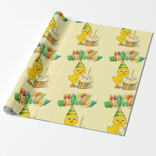 Colorful Birthday Chicken Cartoon Cadeaupapier (Uitgerold)