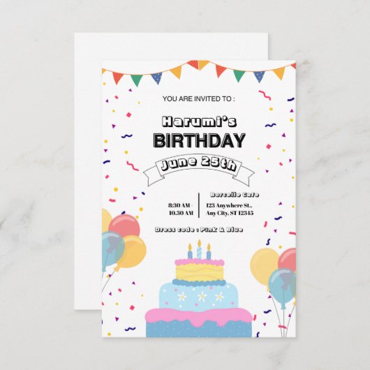Colorful Birthday Party Invitation Kaart (Voorkant / Achterkant)