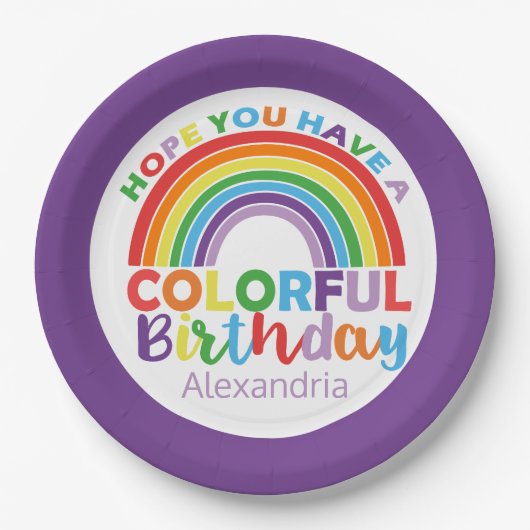 Colorful Birthday Rainbow Gepersonaliseerde Kinder Papieren Bordje (Voorkant)