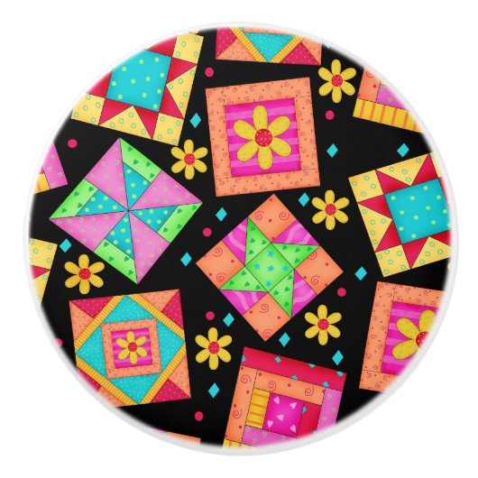 Colorful Black Quilt Patchwork Block Art Keramische Knop (Voorkant)