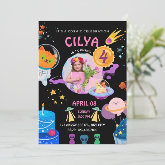 Colorful Black Space Theethday Party Kaart (Staand voorkant)